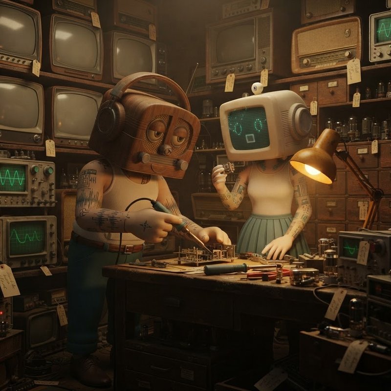 Mr. Radio and Mrs. Computer at a workbench in a vintage electronics repair shop
