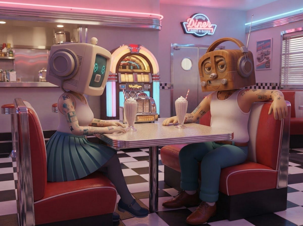 The hosts sharing milkshakes in a 1950s diner booth