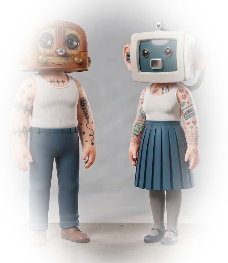 Mr. Radio, a vinyl-toy figure with a vintage wooden radio for a head, standing beside Mrs. Computer, who has a beige CRT monitor for a head.