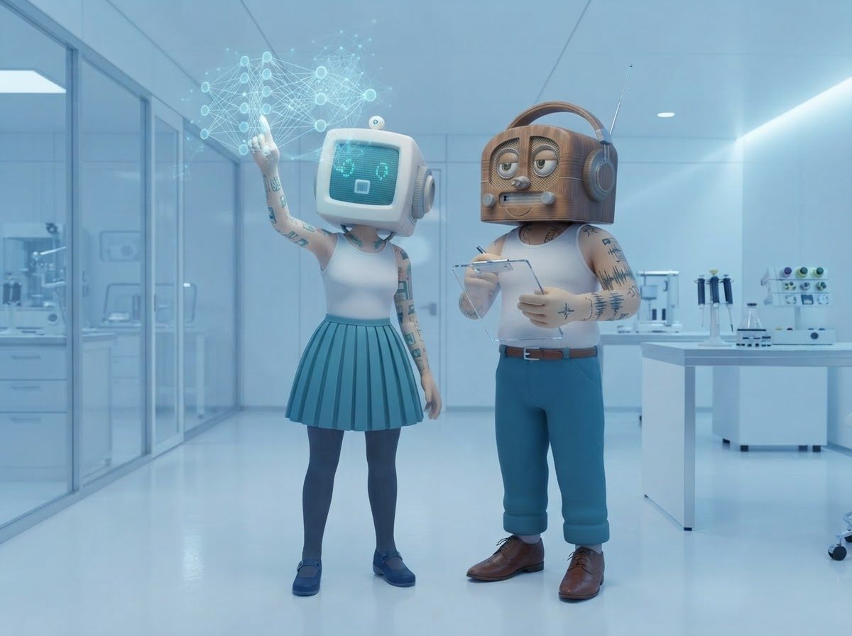 Mrs. Computer touching a floating neural-network hologram in a white lab