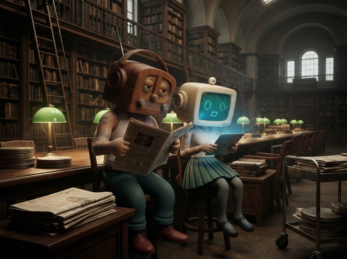 Mr. Radio reading a newspaper beside Mrs. Computer scrolling a tablet in a grand library