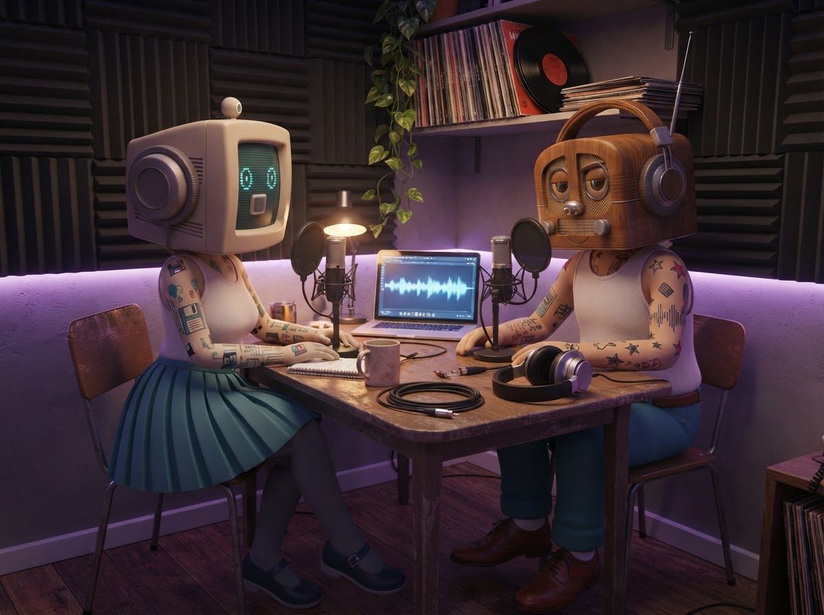 The hosts recording at a small home podcast desk with microphones and a laptop