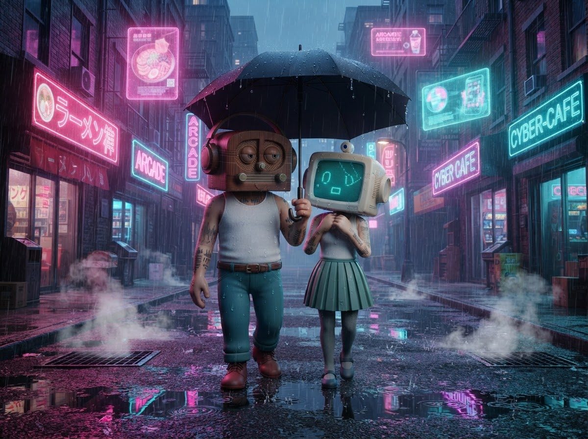 The hosts under one umbrella on a rainy neon street