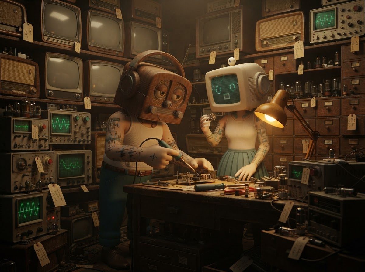 Both hosts soldering at a workbench in a cramped electronics repair shop