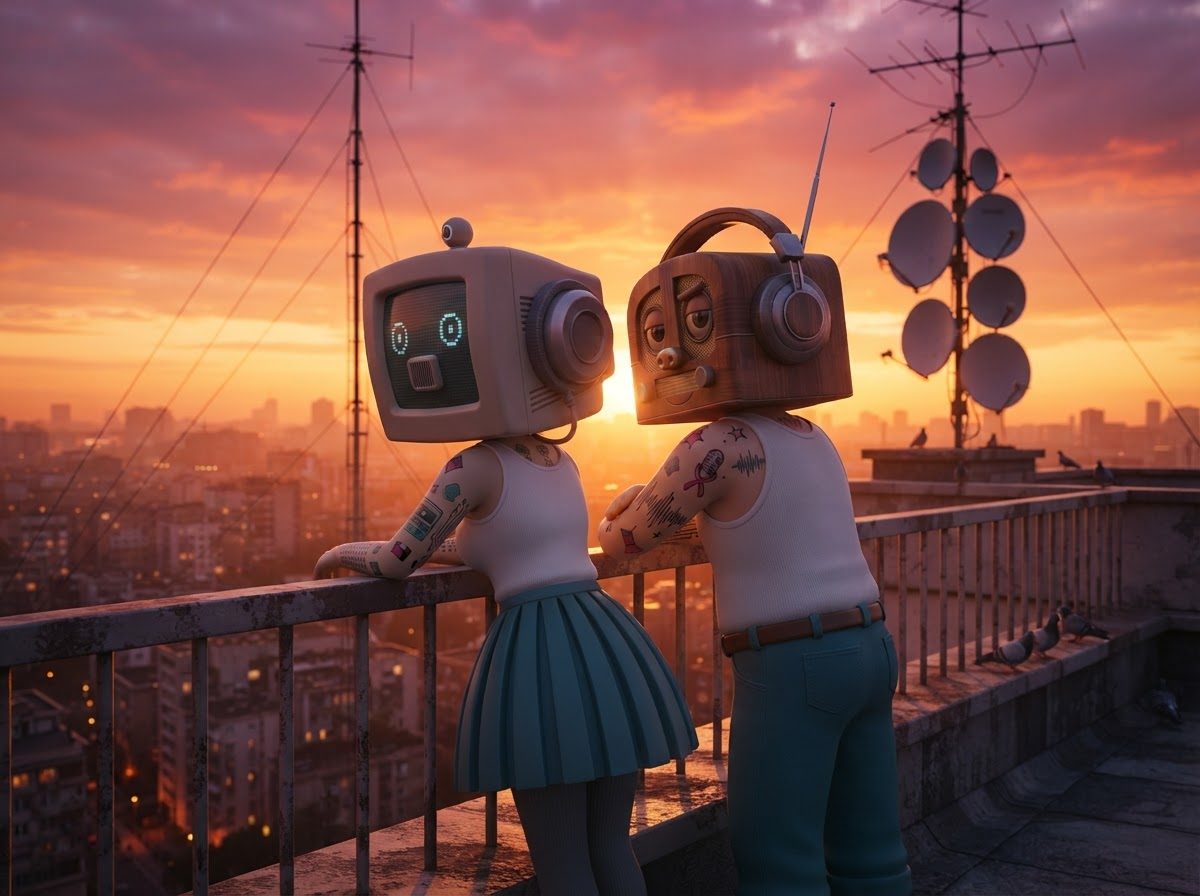 The hosts at a rooftop railing at sunset among antennas