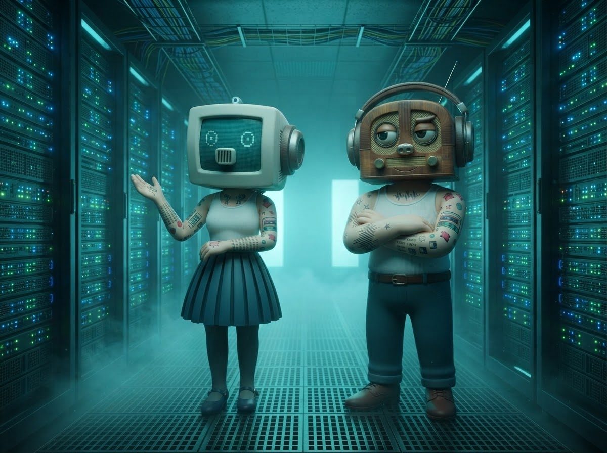 The hosts in a foggy server-room aisle