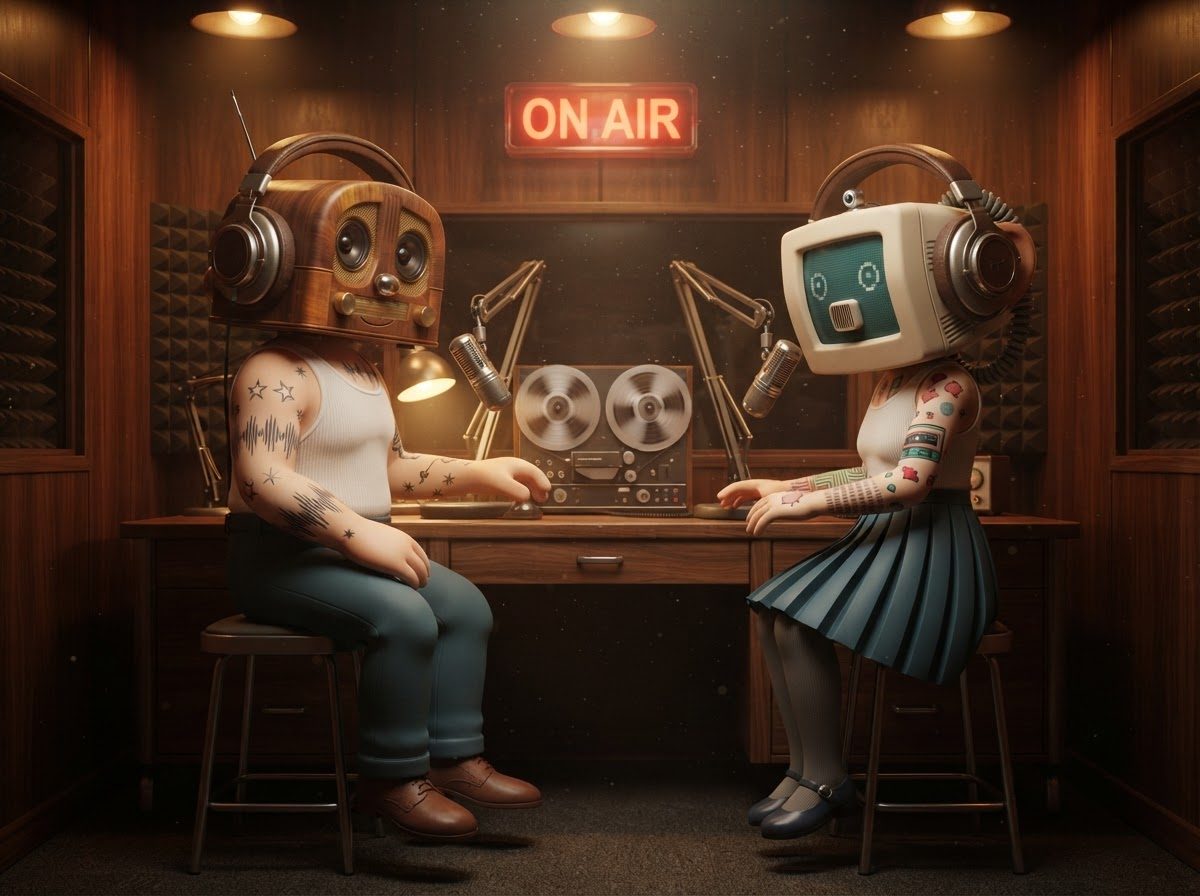 The two hosts at the broadcast desk under an On Air sign